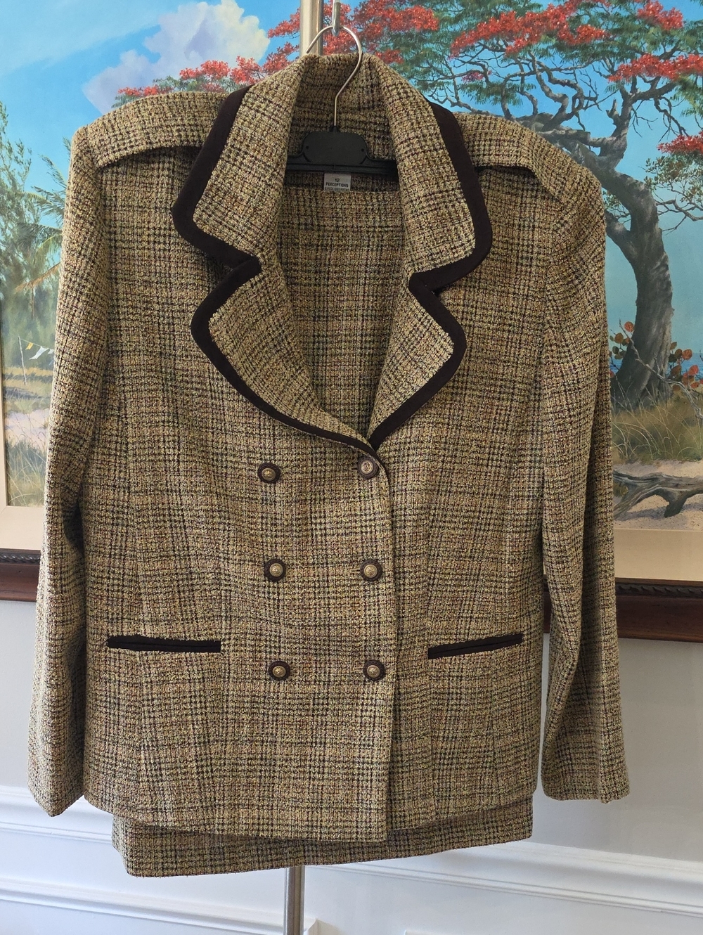 Perceptions Beige and Brown Tweed Double-Breasted Skirt Set